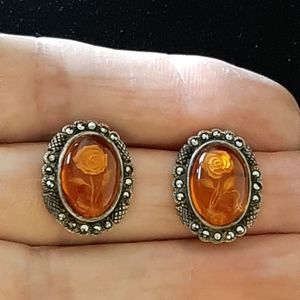 Sterling Silver Amber & Marcasite Carved earrings
